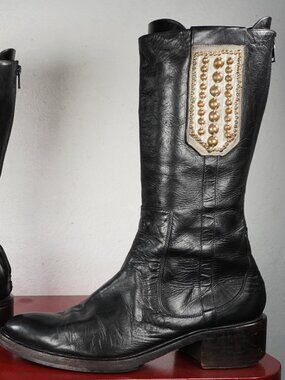Women's Diana Broussard Italian Black Leather Mid-Calf Cowboy Western Boots 10